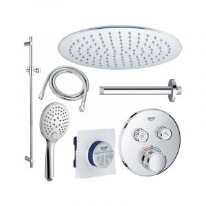 Grohe Grotherm Ensemble de douche avec partie encastrable et partie de finition et pomme de douche 25cm et bras plafond avec douchette, barre curseur