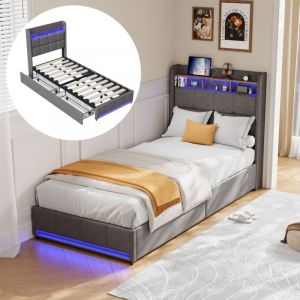 Lit avec tiroirs 90x200 cm, 1 places, lit simple avec rangement, 2 tiroirs, &eacute;clairage LED, &eacute;tag&egrave;res, USB-A/C, sommier &agrave; lattes en bois, cadre en