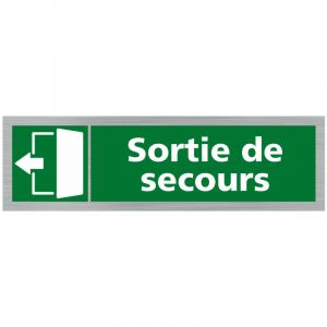 Pictogramme sortie de secours vers la gauche (Q0408). Signalisation Porte - 170 x 50 mm - Autocollant souple ou plaque alu brossé 2mm. - Plaque