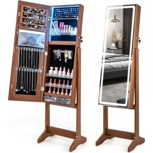 Armoire &agrave; Bijoux avec Miroir sur Pieds, Grand Miroir Psych&eacute; Sans Cadre avec &Eacute;clairage led 3 Couleurs, Organisateur de Bijoux avec 3 Angles