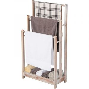 COSTWAY Porte-Serviettes sur Pied en Bois, 3 Barres et &Eacute;tag&egrave;re de Rangement Inf&eacute;rieure, Dispositif Anti-Renversement, Support Serviette pour Salle de