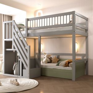 Lit mezzanine 90 x 200 cm avec rangements et escalier convient aux enfants et adolescents structure en bois gris(sans matelas)