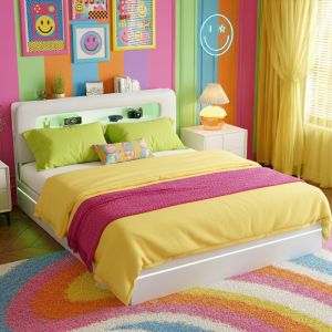 Lit coffre 160x200 cm - avec tête de lit et rangement - LED et USB - tissu velours - sommier à lattes - lit double et adolescent - Beige