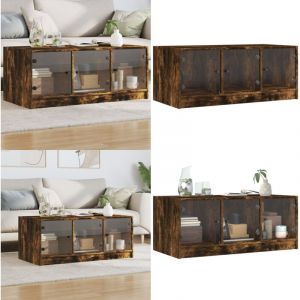 Table basse avec portes en verre ch&ecirc;ne fum&eacute; 102x50x42 cm - Table Basse - Meuble TV - Table D'appoint - Table De Salon - Rangement Int&eacute;rieur - Home &