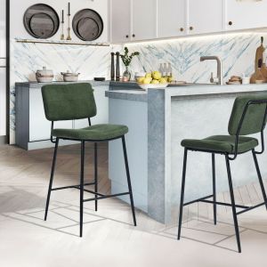 Lot de 2 Tabouret de Bar Rétro Vintage - Siège Rembourrés de 69 cm de Haut - Chaises Hautes en tissu vert - pieds et repose pieds en métal noir