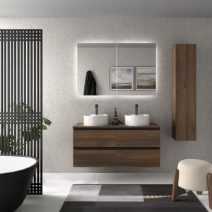 Meuble de salle de bain BEQUIA METAL 120cm Noyer Avec plan toilette (vasque non incluse)