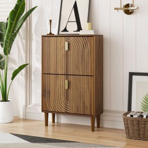 Meuble &agrave; chaussures 60 cm, style campagne moderne pour entr&eacute;e, 2 clapets avec &eacute;tag&egrave;re, MDF et panneaux, motif lin&eacute;aire, marron