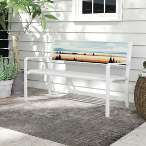 Banc de Jardin Ext&eacute;rieur Banc de Patio 2 Places en M&eacute;tal avec Dossier D&eacute;coratif Assise &agrave; Lattes et Accoudoirs Chaise Longue 2 Places Blanc