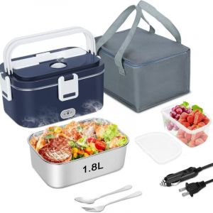 Gamelle Chauffante Electrique 1.8L, Lunch Box Chauffante 100W Chauffage Rapide, 12V/24V & 220V/240V, Bo&icirc;te Repas Isotherme avec Sac et Accessoires,