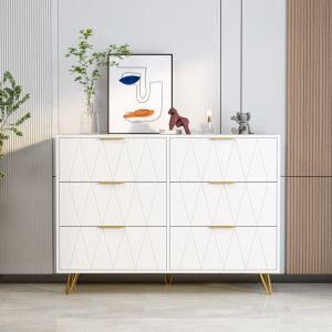 Commode blanche 6 tiroirs - 100x34x72.5 cm - Poign&eacute;es et pieds en m&eacute;tal - Pour chambres et salons