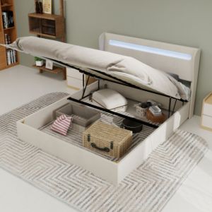 Lit coffre adulte 160x200 cm avec &eacute;clairage LED, sommier &agrave; lattes, en bois, sans matelas, sans fond, en velours, beige