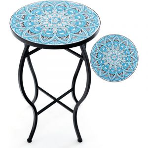 GOPLUS Table d&rsquo;Appoint en Mosa&iuml;que, Table d&rsquo;Appoint Ronde avec Plateau en Carreaux&Cadre en M&eacute;tal Robuste, Support pour Plantes, Convient pour