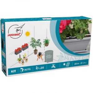 Kit Goutte &agrave; Goutte Jardibric Pompe Solaire pour Balcon et Terrasse 25m de Micro Tuyau &Oslash;6mm, Pompe Solaire, AntiSiphon, 7 T&eacute;s, 10 Bouchons, 20