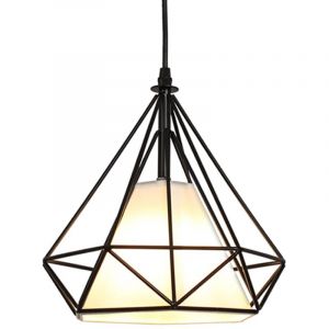 E27 Lustre Suspension Vintage Lampe Suspension Abat-jour Forme Diamant &Eacute;clairage de Plafond en M&eacute;tal et Tissu &Oslash;25CM Noir - 1Pcs