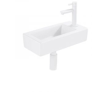 QeramiQ Fuente Ensemble lave-mains - 37.5x18.5x9cm - c&eacute;ramique - trou de robinet &agrave; droite - robinet de lave-mains blanc mat - bonde - siphon abaiss&eacute; -