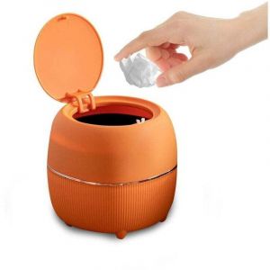Mini poubelle de bureau ronde avec couvercle, en plastique, pour la maison, la cuisine, la salle de bain, le bureau (orange)