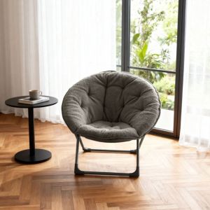 Fauteuil lune pliable rembourr&eacute; en laine de mouton, structure m&eacute;tal, portable, charge 110 kg - gris