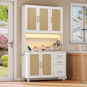 Okwish - Buffet de cuisine 183 cm en rotin tressé avec grand plan de travail, prise courant , éclairage led et multiple rangement, blanc