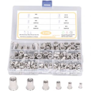 Qiyao - 170 Pi&egrave;ces Acier Inoxydable Rivet &Eacute;crou Outil Plat T&ecirc;te Filet&eacute;e Rivet Nutsert Cap Assortiment kit M3 M4 M5 M6 M8 M10 Types Nuts