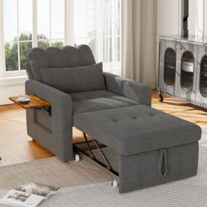 Fauteuil Convertible, Chaise Longue Individuelle avec Dossier R&eacute;glable en 5 Positions, Tablette Lat&eacute;rale et Poche de Rangement, Tissu Chenille,