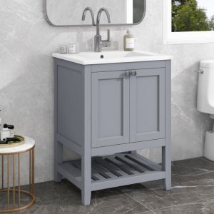 Tanant - Meuble de salle de bain avec meuble sous vasque simple de 60 cm et vasque en céramique, petit meuble de salle de bain d'invités, Gris clair