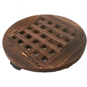 Plateau de pot de fleur rond en bois carbonis&eacute; de 40 cm de diam&egrave;tre, support de fleur mobile avec base de pot de fleur &agrave; roulettes, 2 pi&egrave;ces