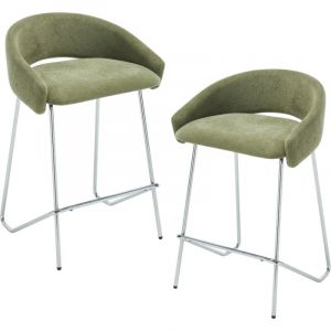 Wahson Tabouret de Bar Lot de 2 en Chenille, Tabouret Haut Cuisine avec Repose-Pied en M&eacute;tal Chaise Bar 65cm Chaise pour Ilot Central Cuisine, Vert