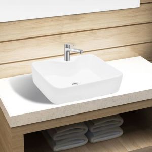 Vasque,Vasque à poser Lavabo,Évier carré à trou pour robinet céramique blanc pour salle de bain CFW73948