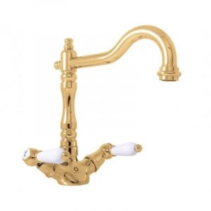 M&eacute;langeur &eacute;vier r&eacute;tro MORAVA pivotant en laiton dor&eacute; poign&eacute;e en c&eacute;ramique