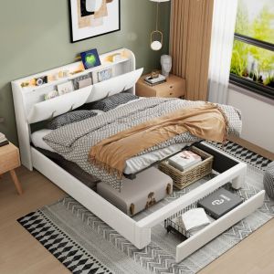 lit coffre 160x200 avec tiroir,lit 160x200,lit adulte,Lit rembourré,Tête de lit avec rangement, lumières LED réglables et chargement USB,Dossier