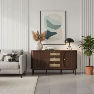 URBAN MEUBLE Buffet en effect bois noyer et rotin avec 3 tiroirs et rangement lat&eacute;ral - style r&eacute;tro 140.5x40x73cm
