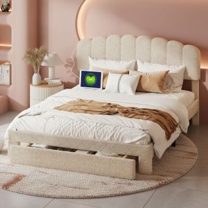 Lit Capitonn&eacute; 160x200 cm, Lit Double avec Tiroir de Rangement et T&ecirc;te R&eacute;glable en Hauteur lit adulte avec Prise USB et Type C pour Adultes, sans