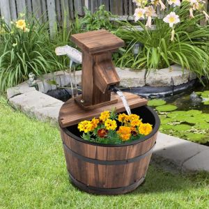 Fontaine de jardin, fontaine d&eacute;corative, cascade avec tonneau en bois, bois de sapin, fontaine tonneau, 27x27x37 cm - Marron