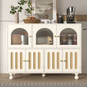 Redom - Buffet de salle à manger moderne blanc, longue porte en verre au design arc-en-ciel, porte en forme de clé de piano, pieds en colonne ronde,