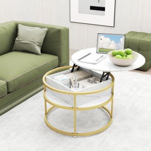 Costway - Table Basse Ronde Relevable, Table de Salon Ronde Dia. 80 cm 2 Niveaux, Compartiment Caché, Étagères Latérales, Effect Marbre, Moderne
