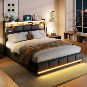 Lit coffre 140 x 190 cm avec sommier,lit double avec LED et ports USB,lit 2 places lit hydraulique avec t&ecirc;te de lit capitonn&eacute;,lit 140x190 en simili