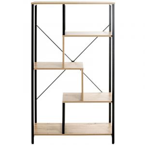 Pegane - Etag&egrave;re, meuble &eacute;tag&egrave;re en bois coloris ch&ecirc;ne et m&eacute;tal noir -longueur 74 x profondeur 35 x hauteur 132 cm
