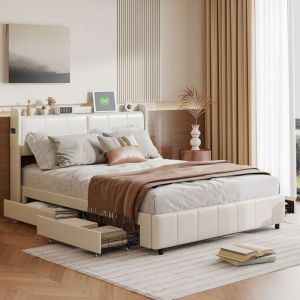 Lit Double 160x200, Lit 160x200 avec Tiroir, Lit Coffre Capitonné, Lit Adulte avec Rangement, avec 4 Tiroirs, Tête de Lit avec Chargement USB,Cadre