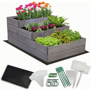 MODO24 Carr&eacute; potager sur&eacute;lev&eacute; en bois, 3 niveaux en cascade, 36x60x93 cm, jardin/terrasse, kit jardinier inclus, gris impr&eacute;gn&eacute;