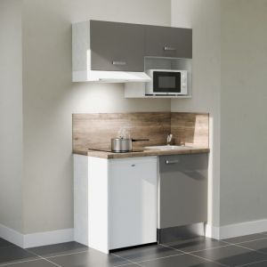 Cuisibane - Kitchenette K02L-PT - 120 cm avec plan de travail et évier - emplacements frigo, hotte et micro-ondes - Façade Gris - Plan Bois - Evier