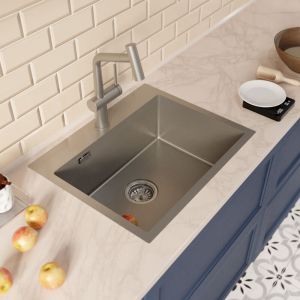 Ceramia Timeless 55x45x21 cm &eacute;vier encastrable inox 304 + mitigeur inox avec douchette extractible, gun metal bross&eacute; (TMLKST-5545BGM-M1)