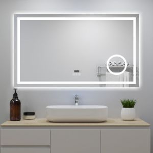 Acezanble - Miroir Lumineux avec Bluetooth 120 x 70cm, Horloge + 3 Couleurs + Dimmable + Anti-buée + grossissant 3x,Mural Miroir Salle de Bain