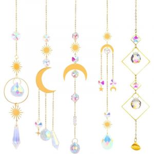 5 Pi&egrave;ces Attrape Soleil Cristal, Kit Attrape-Soleil, Capteur a Suspendre Suspendu Arc-en-Ciel Ange Pendentif Soleil l'&eacute;toile Lune Capteur Carillons