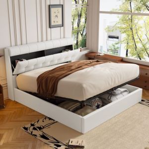 Lit Double 140x190 avec Rangement - T&ecirc;te de lit cach&eacute;, coffre hydraulique, sommier inclus, simili cuir blanc (sans matelas)