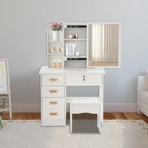 Coiffeuse avec miroir, tiroirs et &eacute;tag&egrave;res, meuble-lavabo avec tabouret, armoire de rangement, organiseur de cosm&eacute;tiques, 5 tiroirs, blanc, 35 x 80 x