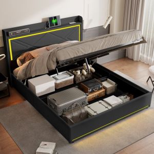 Lit coffre 160x200 cm, lit double avec sommier à lattes, tête de lit avec éclairage LED et port de charge USB, simili cuir, design moderne - Noir