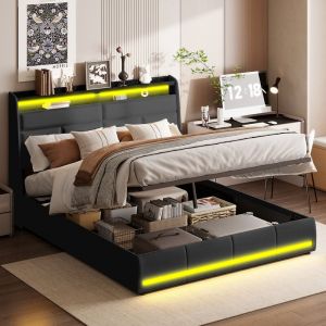 Sureh - lit 2 Personnes 140 x 200 avec tête de lit et rangement sous le lit, lit coffre adulte avec led et sommier à lattes, cadre de lit 140 x 200