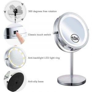 Miroir Grossissant Lumineux de Rotation &agrave; 360&deg;Miroir Maquillage, Miroir Grossissant x10 Miroir Maquillage Lumineux Miroir Com&eacute;stique Pivotant Double