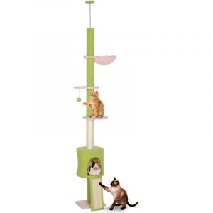 Arbre &agrave; chat du sol au plafond 5 niveaux hauteur r&eacute;glable 220-240 cm plateformes fleur avec griffoir niche hamac vert