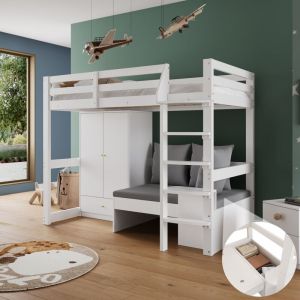 Lit mezzanine enfant en bois 90×200cm avec armoire et canapé, 3 coussins, antichute, sans matelas, blanc